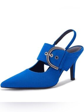 Women's Blue Pointed-Toe Slingback Heels with Decorative Buckle